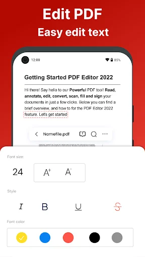 PDF text editor interface with font size selector, bold/italic/underline formatting options, strikethrough button, and color palette tool