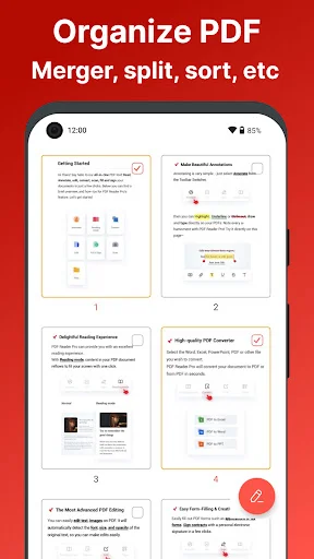 PDF organizer interface displaying page thumbnails for merging, splitting and rearranging PDF pages