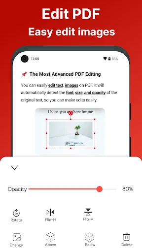 PDF image editor with selected image, 80% opacity slider, and controls to rotate, flip, move, and delete images within documents