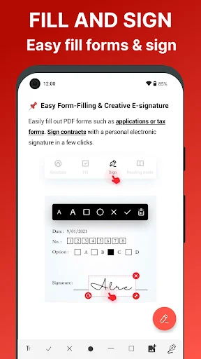 PDF form filling interface displaying text fields, checkboxes, date picker, signature line, and e-signature drawing capability