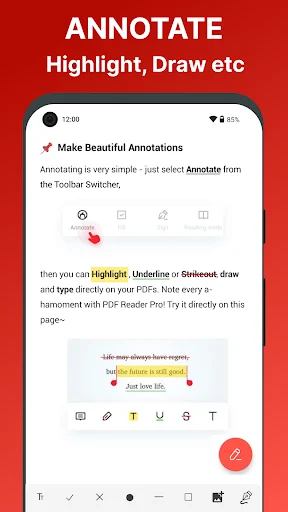 PDF annotation tool showing highlighted text with pen, eraser, highlighter, text markup, underline, and strikethrough annotation options