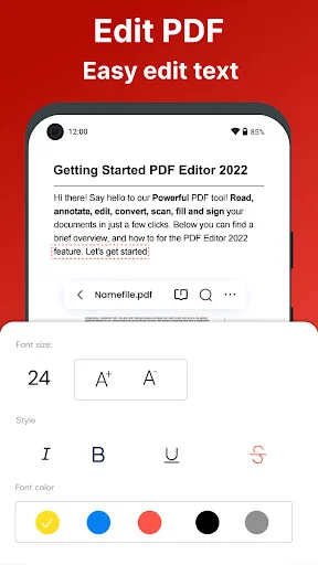 PDF text editor showing font size adjustment, text style formatting and color picker for easy text editing