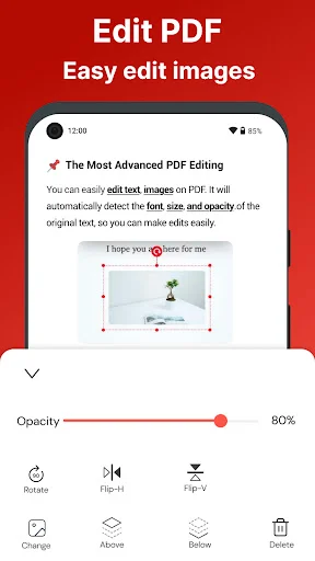 PDF image editor with opacity slider and transformation tools for editing images within PDF documents