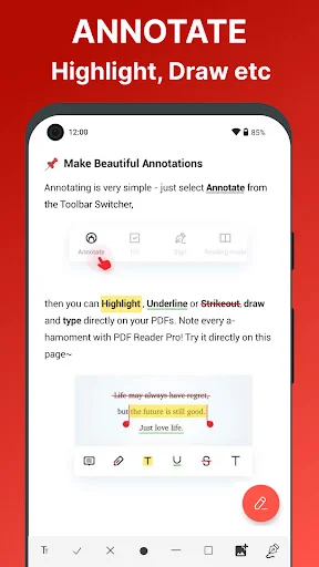 PDF annotation markup tool with highlight, underline, strikethrough and free drawing annotation options
