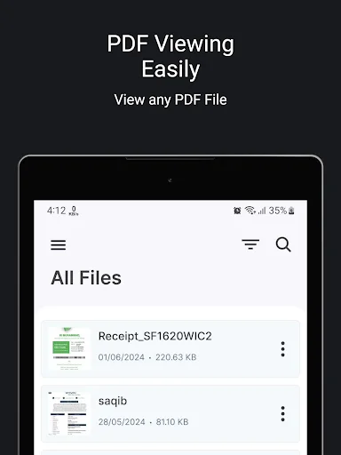 PDF Reader app All Files main interface displaying list of PDF documents with file names, modification dates, and file sizes in a clean file browser layout