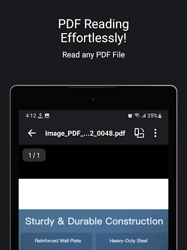 PDF Reader displaying an open PDF document with page indicator, document title header, and readable content about construction materials and features