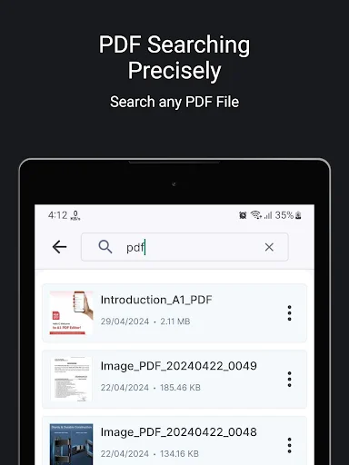 PDF Reader search interface with search field showing PDF files filtered by keyword, displaying search results with file names, dates and sizes