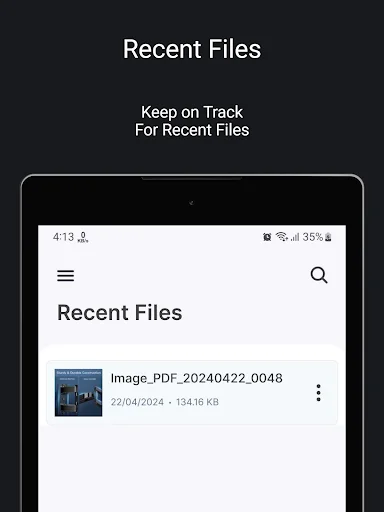 PDF Reader Recent Files section displaying recently accessed PDF documents with thumbnail previews, file names, modification dates and file sizes