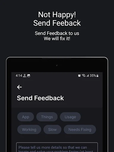 PDF Reader feedback form with category buttons for issue types like App, Things, Usage, Working, Slow, Needs Fixing and text input field for user feedback