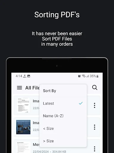 PDF Reader Sort By dropdown menu with sorting options including Latest, Name A-Z, Size ascending and Size descending for organizing PDF files