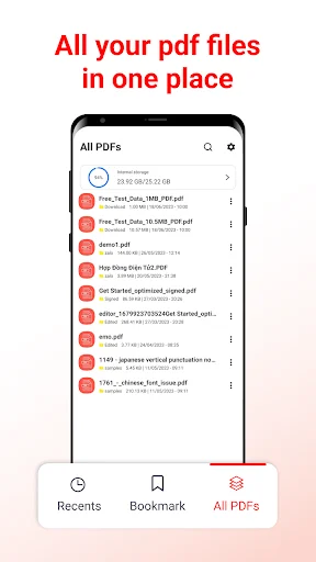 PDF Reader app All PDFs tab showing file list with search, includes Recents, Bookmark, and All PDFs navigation tabs