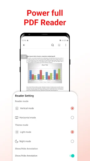PDF Reader with document open and Reader Settings showing reading modes and Light/Night theme options for customization