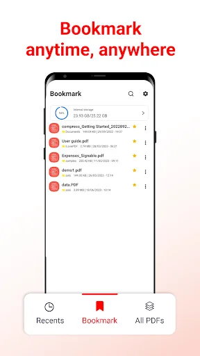 PDF Reader Bookmark tab with saved PDF files marked by star icons, Recents and All PDFs tabs for document management