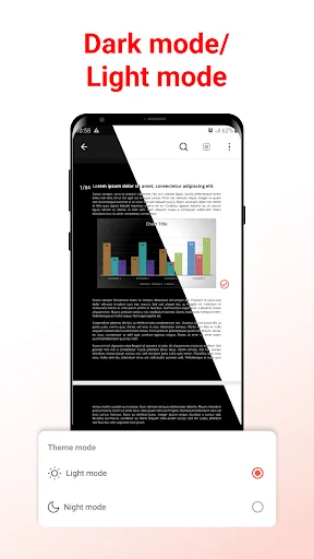PDF Reader with Dark and Light mode themes displayed side-by-side with toggle options for Night and Light mode selection