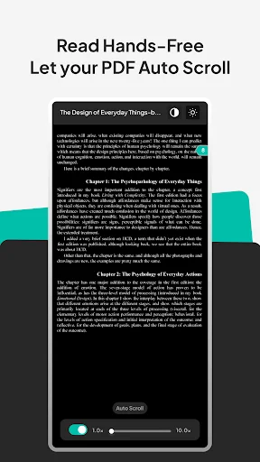 PDF Reader Pro auto scroll interface with speed controls and document preview for hands-free reading