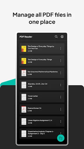PDF Reader Pro file manager showing list of saved PDF documents with search and menu options by title