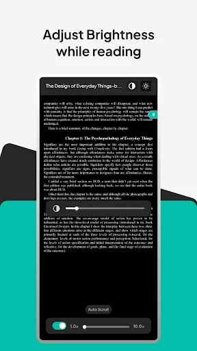 PDF Reader Pro brightness adjustment slider with auto scroll controls for comfortable reading experience