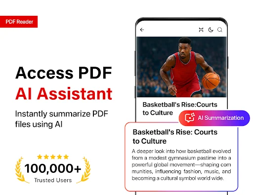PDF Reader AI assistant feature for instant document summarization with 100,000+ trusted users