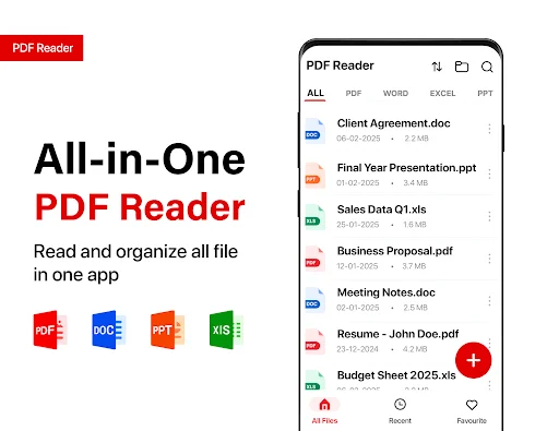 All-in-one PDF Reader organizing PDFs, Word docs, presentations and spreadsheets in file browser