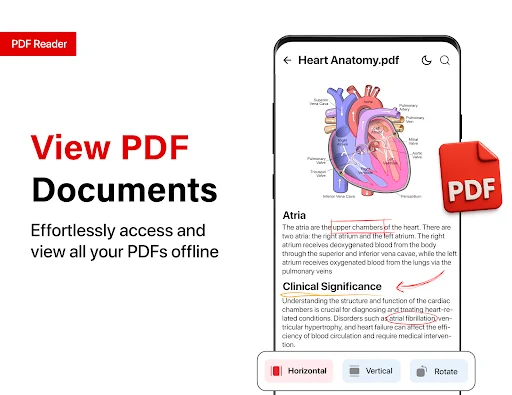 PDF Reader viewing Heart Anatomy document offline with horizontal, vertical and rotate display options