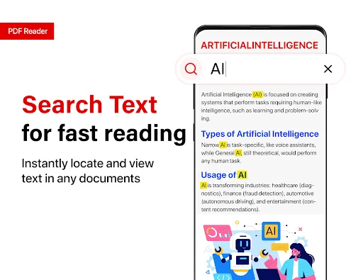 PDF Reader text search feature highlighting AI query results with Artificial Intelligence definitions