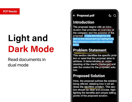 PDF Reader dark mode displaying proposal document with highlighted text and multiple sections