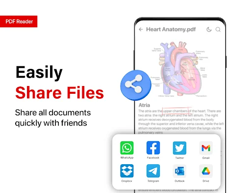 PDF Reader share menu with WhatsApp, Facebook, Twitter, Gmail, Dropbox, Telegram, Outlook options