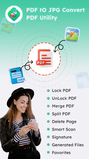 PDF to JPG app main feature menu including lock, unlock, merge, split, smart scan, signature, and file organization