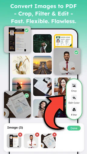 Convert images to PDF with photo selection and editing tools for crop, color adjustment, and filter customization