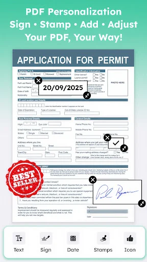 PDF personalization editor with text, signature, date, stamp, and icon annotation tools for document customization