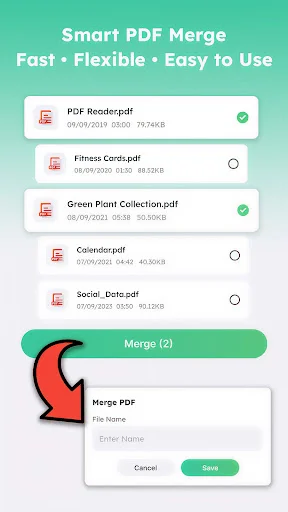 PDF merge interface for selecting and combining multiple PDF files into one document with naming options