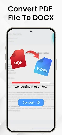 PDF to Word converter showing conversion progress at 79% with red PDF and blue Word document icons and Convert button
