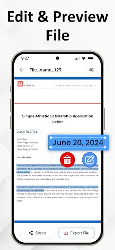 Converted Word document preview displaying editable content with date selector, edit icon, delete, and export buttons