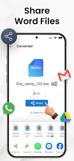 Converted Word file sharing interface with social media options including WhatsApp, Messenger, and Facebook buttons