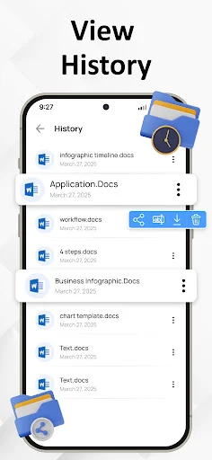 Conversion history showing previously converted PDF files with dates, file names, and quick access management options