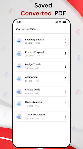 PDF to Word Converter app: Saved Converted Files list showing converted documents with dates, file sizes, and quick access options