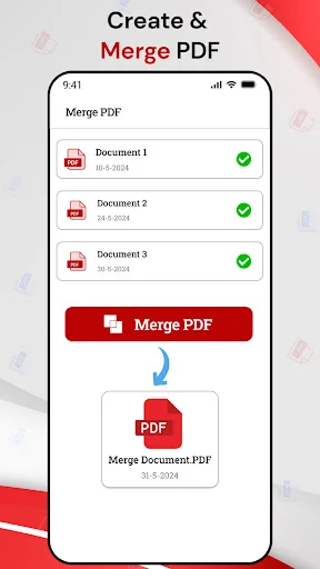 Merge PDF documents tool combining multiple selected files into single document with merge button