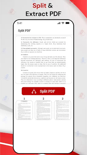 Split and extract PDF pages feature displaying document preview and red split PDF action button