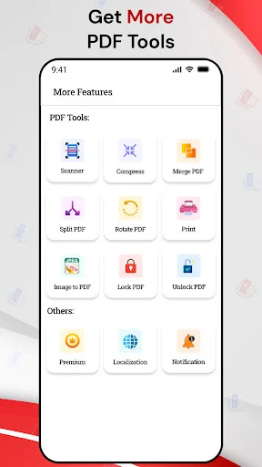 PDF tools menu offering scanner, compress, merge, split, rotate, print, image to PDF, and more features