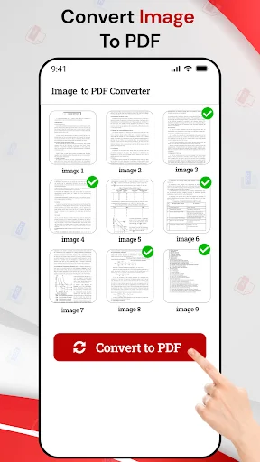 Image to PDF converter interface displaying grid of selected images with checkmarks and red Convert to PDF button