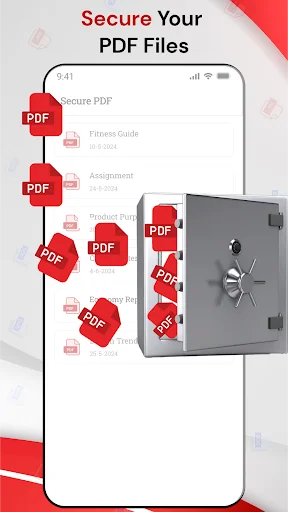 PDF security feature illustrating encrypted file protection with red PDF icons locked inside a secure digital vault