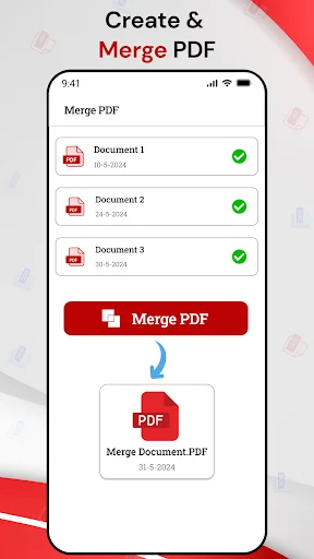 Merge PDF functionality showing three selected documents with red Merge PDF button and merged output preview