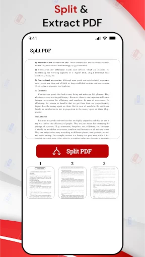 Split PDF interface with red Split PDF button and preview thumbnails of extracted document pages for extraction