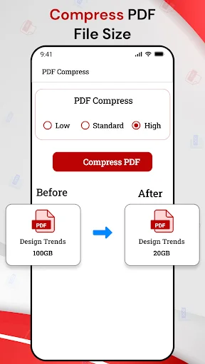 PDF compression settings offering Low, Standard, and High quality options with before-and-after file size comparison