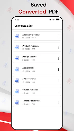 Saved Converted PDF files list with document names, dates, and sizes for easy access and management
