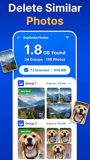 Delete Similar Photos: 1.8 GB duplicate photos detected across 24 groups, with 12 selected to delete for storage cleanup.