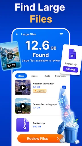 Find Large Files feature showing 12.6 GB available to review across Videos, Images, Audio, and Documents categories.