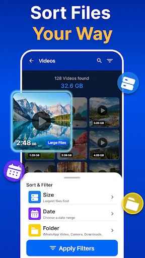 128 videos (32.6 GB) sorting screen with Size, Date, and Folder filter options to organize and manage phone storage files.