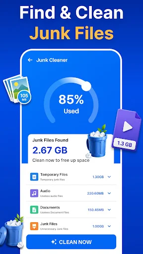 Junk Cleaner showing 2.67 GB of junk files with 85% device storage used and instant cleanup option to free space.