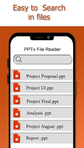 PPTx File Reader app with search bar and list of PowerPoint .ppt presentation files for easy access and browsing